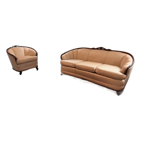 Vintage Art Deco Barrel-Back Sofa & Matching Chair Set – Professionally Restored For Sale