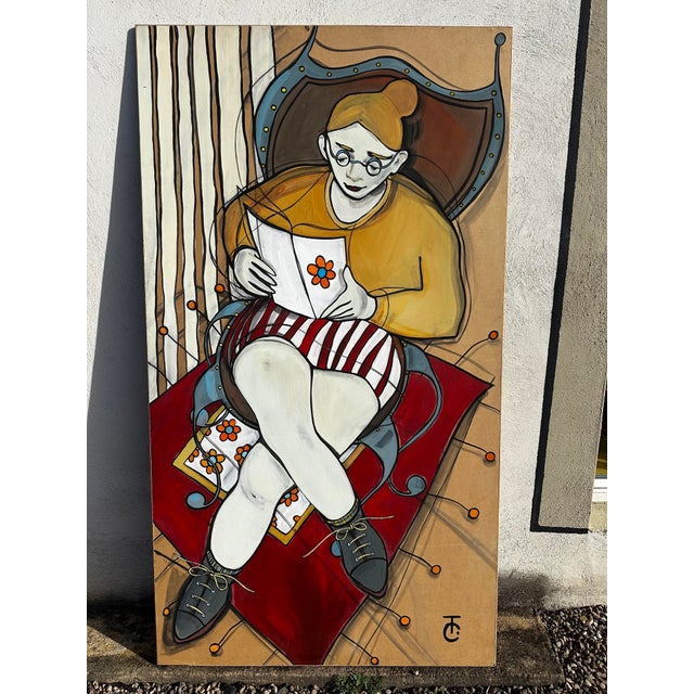 Claire Terrenoire, Woman Reading, 2000s, Paint on Panel For Sale - Image 4 of 5