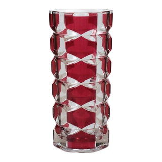 Mid-Century Modern French Cut to Clear Ruby Crystal Vase For Sale