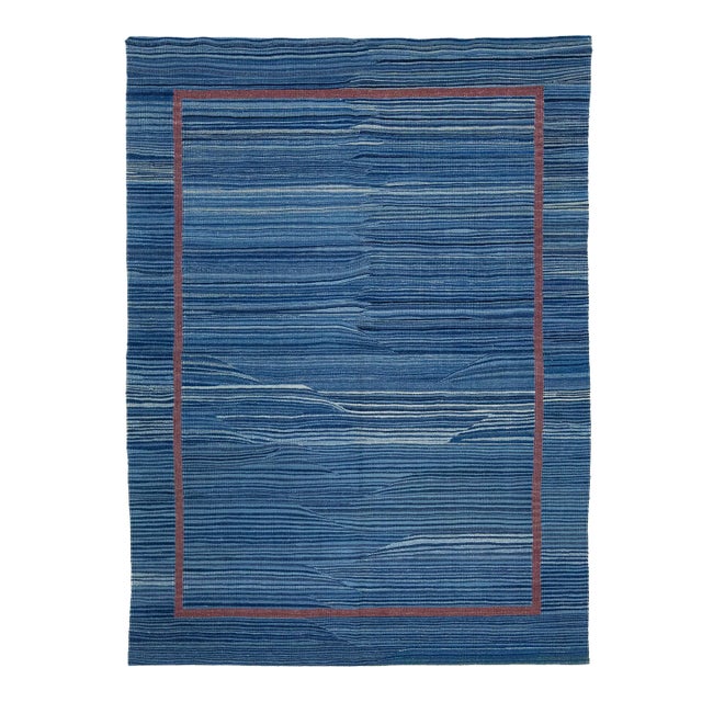 2020s Modern Kilim Handmade Blue Geometric Wool Rug For Sale