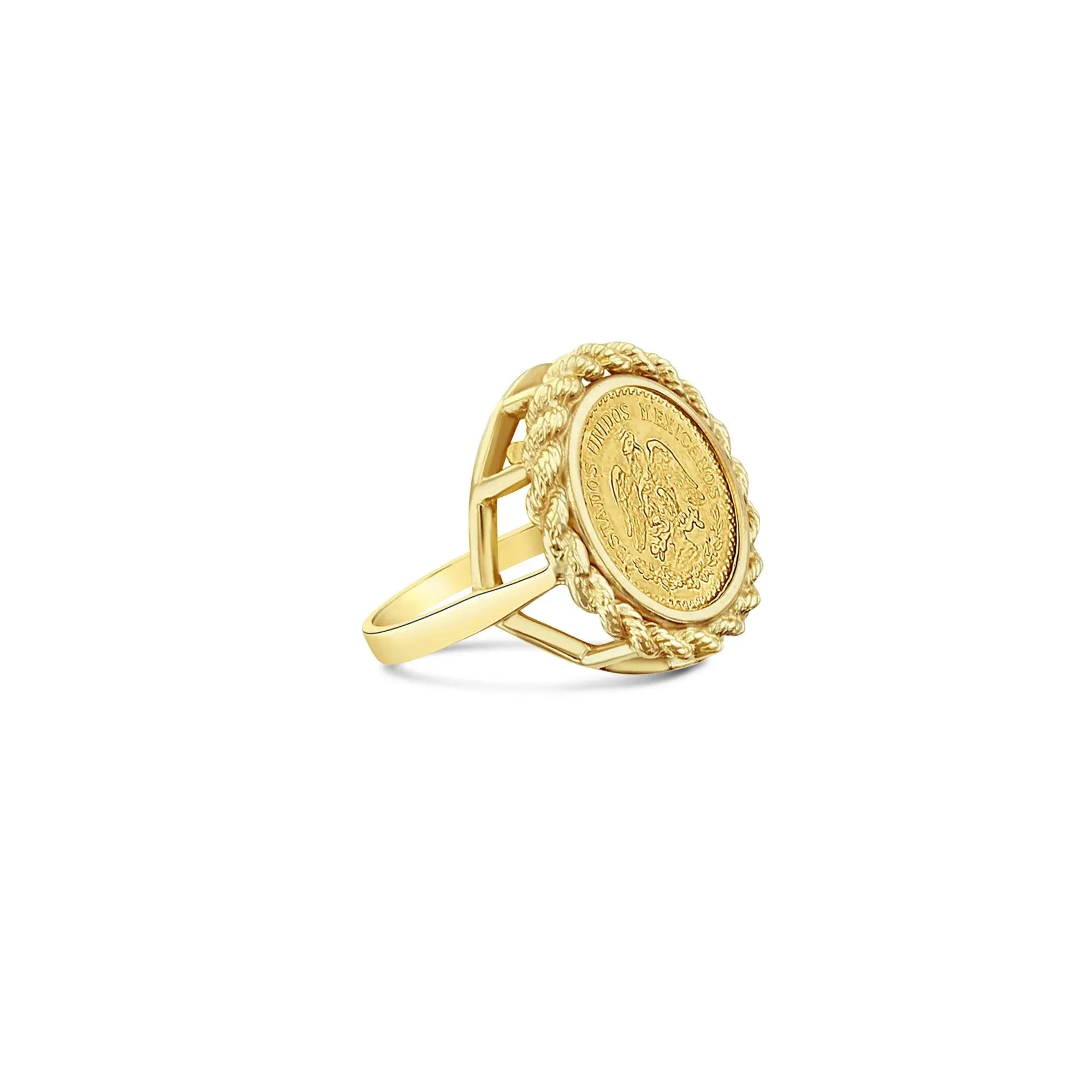 1945 Dos Pesos Gold Coin Ring with Rope Bezel, Size 4 | Chairish