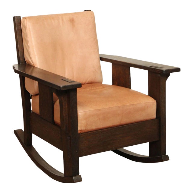 Oak Craft Antique Mission Oak and Leather Rocking Chair For Sale