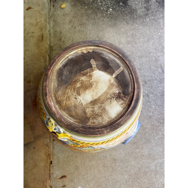 Large 21” Hand-Painted Majolica-Style Floor Urn With Lion Head Ring Handles For Sale - Image 4 of 14