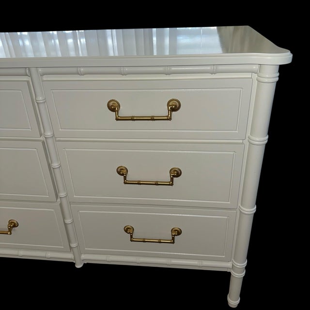 Ornamental & Decorative Materials 1960s Faux Bamboo Nine Drawer Dresser White Lacquer - Bali Hai Style For Sale - Image 7 of 9