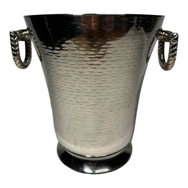Vintage Traditional Silver Finish Hammered Metal Insulated Ice Bucket For Sale