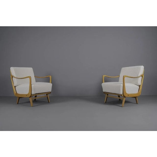 Set of White Boucle Fabric and Wooden Armchairs, 1950s For Sale - Image 10 of 10