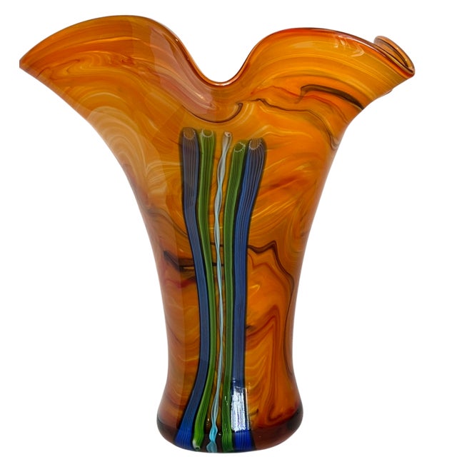 Contemporary Murano Missoni Style Art Glass Orange Fazoletto Filligrana Vase For Sale - Image 3 of 12