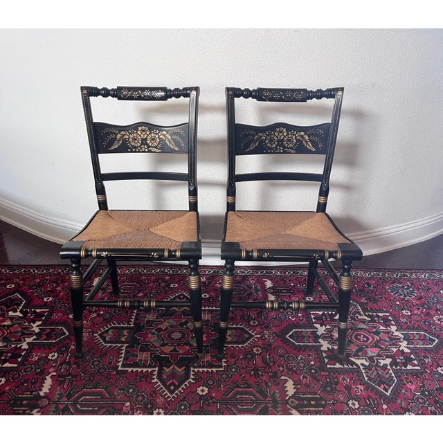 English Set of 2 - Vintage Hitchcock Style Stenciled, Black and Gold Painted Chairs, Rush Seats For Sale - Image 3 of 12