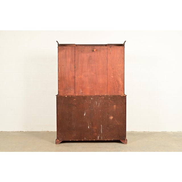 Baker Furniture Style Georgian Banded Mahogany Breakfront Bookcase Cabinet With Drop Front Secretary Desk For Sale - Image 13 of 15