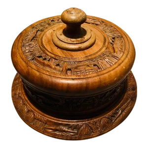 Mid Century Carved Wooden Cake Stand Engraved Round Shape With Lid Brown