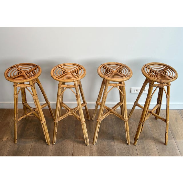 Set of 4 rattan stools. French. Circa 1970 For Sale - Image 12 of 12