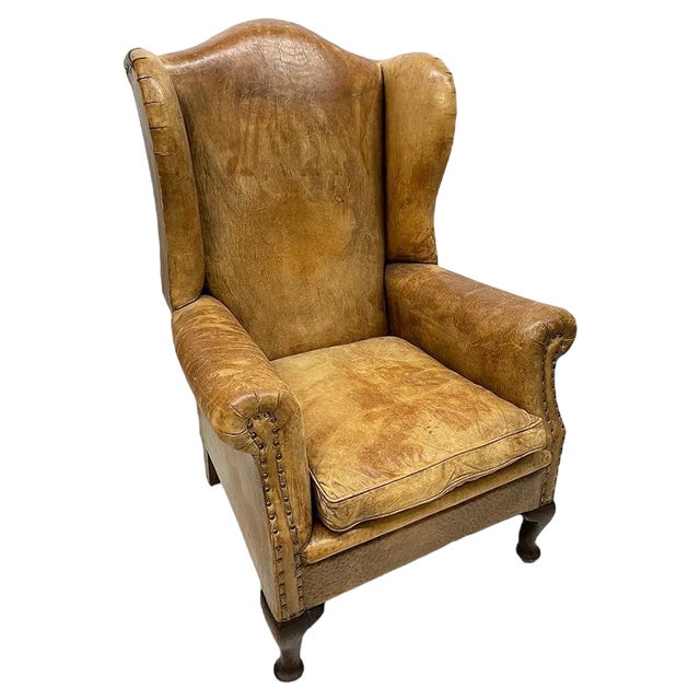 Vintage Leather Wingback Chair For Sale