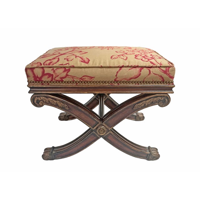 Ethan Allen Pair of Ethan Allen X-Base Low Stools in Tan and Red Floral Upholstery For Sale - Image 4 of 9