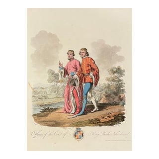 English Costumes of the Court of King Richard the Second Hand Colored Engraving For Sale