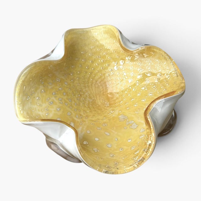 Italian Vintage Murano Art Glass Bowl Aventurine— White & Gold Fleck Centerpiece For Sale - Image 3 of 8