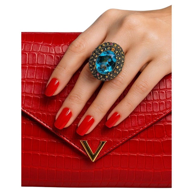 Art Deco Bochic “Orient” Multi Sapphire & Blue Topaz Ring Set In 18K Gold & Silver For Sale - Image 3 of 11