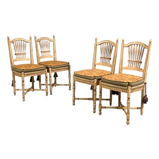 Regency, Four Dining Chairs, Painted Wood, Straw, Fabric, Usa, 1940s For Sale
