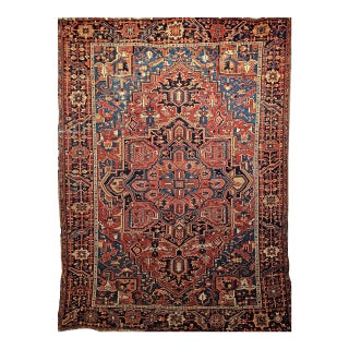 Vintage Persian Heriz Serapi Rug, Hand-Knotted Wool, Geometric Pattern, Rust-Red & Blue, 7x10 For Sale