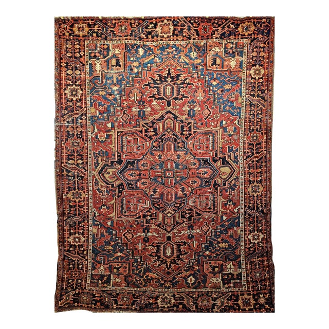 Vintage Persian Heriz Serapi Rug, Hand-Knotted Wool, Geometric Pattern, Rust-Red & Blue, 7x10 For Sale