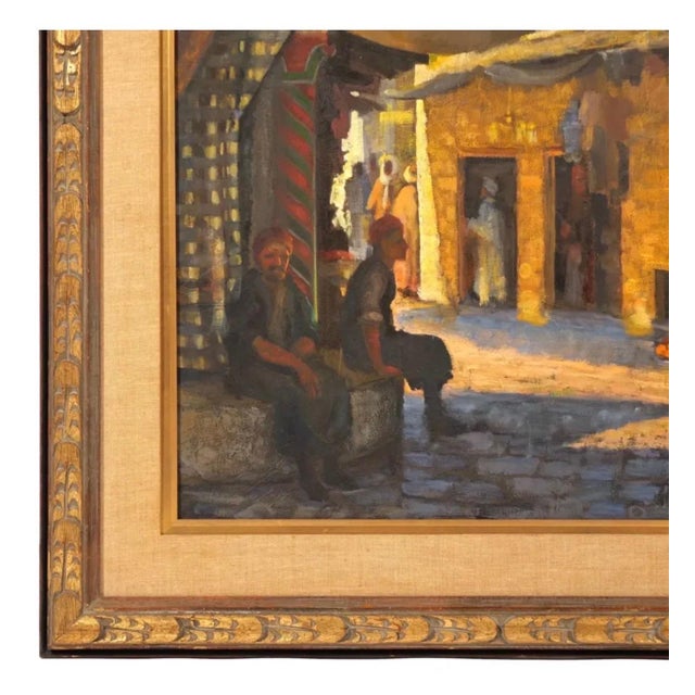 Jalal Gharbi, Large Orientalist Arab Oil Painting Merchants at the Bazaar Souq Jalal Gharbi, 1963 For Sale - Image 9 of 12