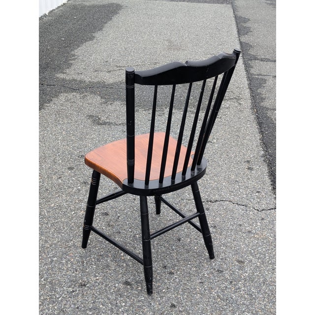 Farmhouse Vintage L. Hitchcock Rustic Country Farmhouse Stenciled Windsor Dining Chair in Black and Maple For Sale - Image 3 of 7