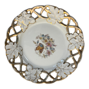 Vintage Dresden Style Reticulated Porcelain Plate With Gilded Leaf Rim and Floral Butterfly Motif