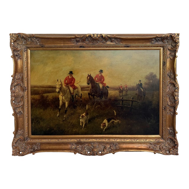 Large Vintage Oil Painting English Fox Hunt Horses Hounds Hunting Scene Signed For Sale