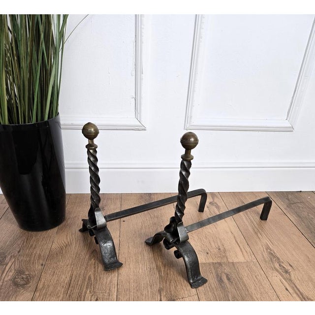 1920s Vintage Italian Turned Andirons in Wrought Iron, 1920s, Set of 2 For Sale - Image 5 of 7