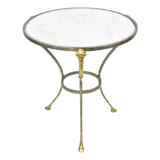 Late 20th Century Italian Neoclassical Brass Rams Head Round Marble Steel Gueridon Side Table For Sale