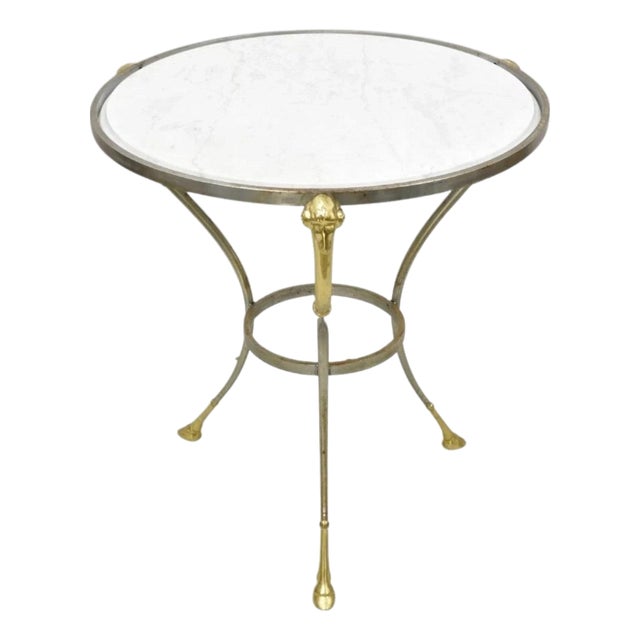 Late 20th Century Italian Neoclassical Brass Rams Head Round Marble Steel Gueridon Side Table For Sale
