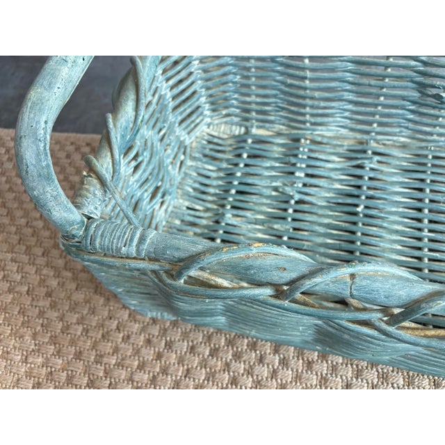 Late 20th Century Late 20th Century French Country Blue Bamboo Wicker Basket, Wide For Sale - Image 5 of 7