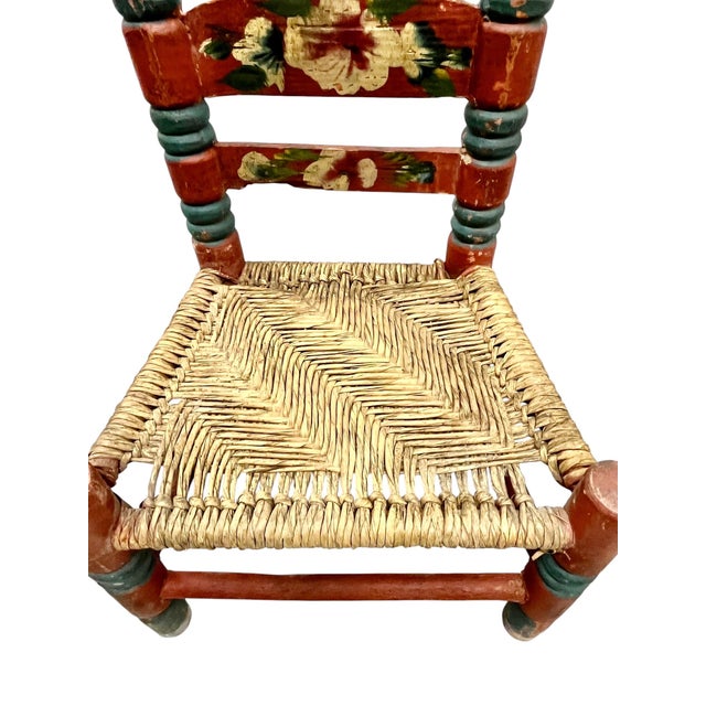 Vintage Set of 2 Hand-Painted Rancho Monterey Mexican Folk Art Children’s Ladderback Chairs With Rush Seats For Sale - Image 12 of 14