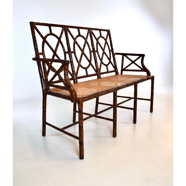 Tortoise Faux Bamboo Caned Settee With Leather Cushion For Sale In Philadelphia - Image 6 of 15
