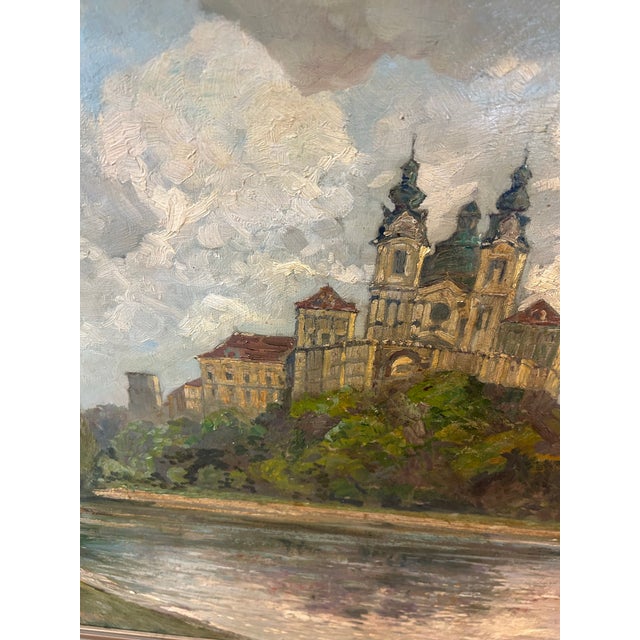 Textile 1920s Antique European Impressionist Oil Painting, Danube River Monastery For Sale - Image 7 of 9