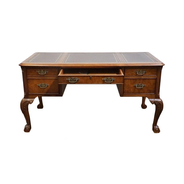 Hekman Furniture Hekman Furniture Solid Walnut Traditional Chippendale Style 58" Writing Desk W. Tooled Leather Top For Sale - Image 4 of 13