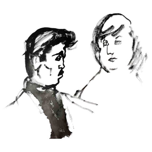 Mino Maccari, The Couple, Ink & Watercolor, 1960s For Sale