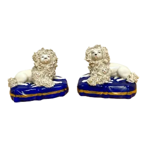 19th Century Chelsea Porcelain Figures of Seated Poodles & Pups - A Pair