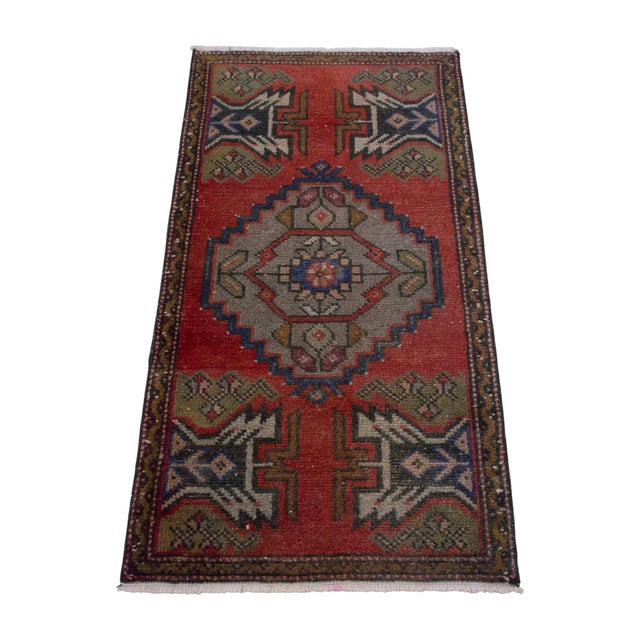 1970s Distressed Low Pile Turkish Yastik Petite Rug Hand Knotted Faded Mat - 20'' X 39'' For Sale - Image 5 of 13