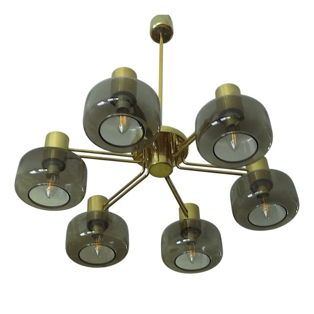 Large Brass and Glass Chandelier by Hans-Agne Jakobsson, 1960s For Sale