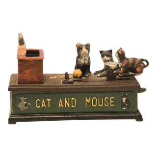 Vintage-Style Cast Iron Mechanical "Cat and Mouse" Coin Bank - Whimsical Folk Art For Sale