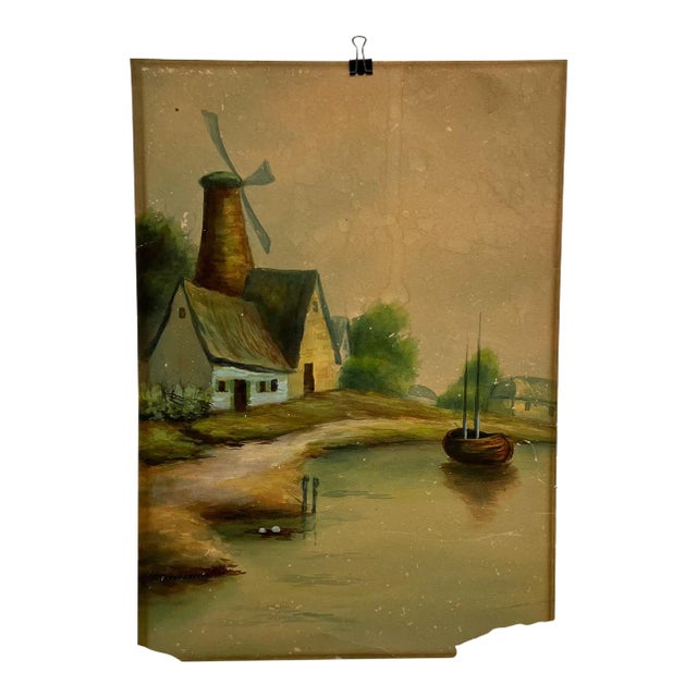 Vintage Art Watercolor Scenic Holland Countryside Windmill Lake & Boat For Sale