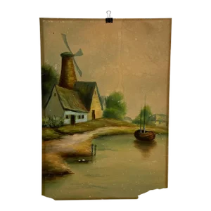 Vintage Art Watercolor Scenic Holland Countryside Windmill Lake & Boat
