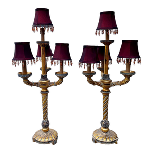 Vintage Bombay French Empire Style Gilt Carved Wood Candelabra Lamps - A Pair