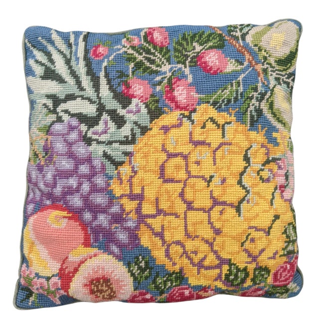 Vintage Mid Century Horticulture Tropical Fruit Needlepoint Tapestry Pillows -a Pair For Sale - Image 4 of 12