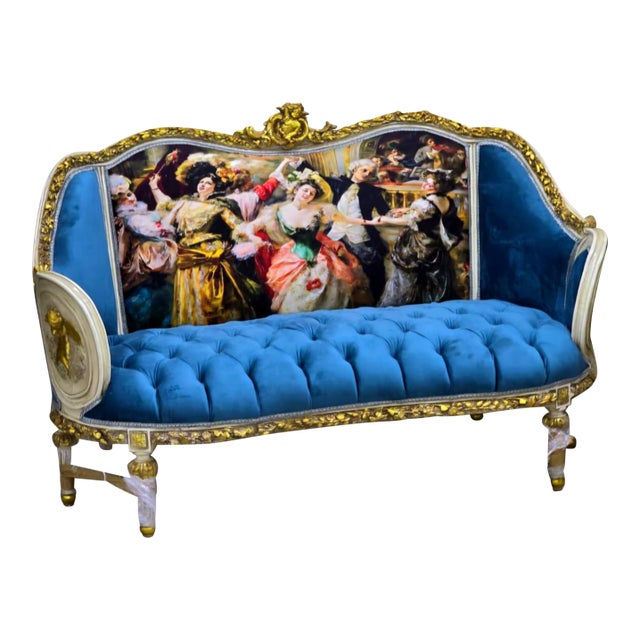 French Louis XVI Tufted Velvet Sofa With Romantic Ballroom Artwork, Hand-Gilded Gold Leaf Frame & Teal Blue Upholstery For Sale