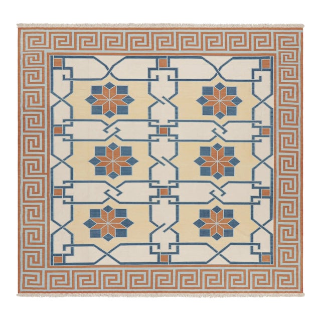 Rug & Kilim’s Square Dhurrie Rug in Cream With Rust and Blue Medallions For Sale