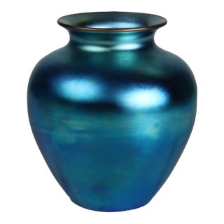 Antique Steuben Blue Aurene Art Glass Vase Signed C1920 For Sale