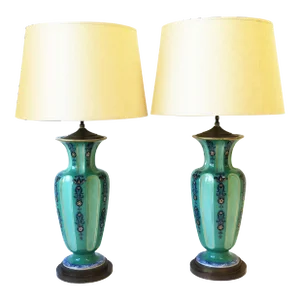 Pair Dutch Blue White Green Porcelain Table Lamps Ginger Jar Style, Circa 1930s