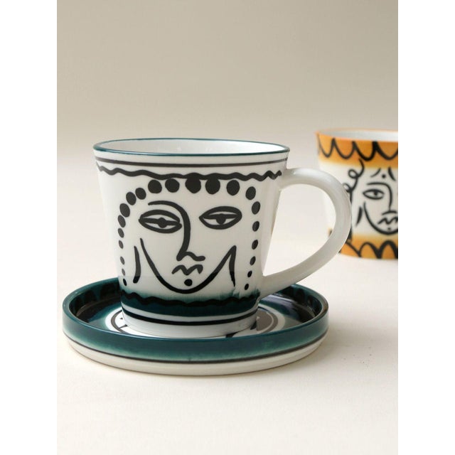 2020s Abstract Face Ceramic Coffee Cup and Saucer Set of 2 - 4 pcs For Sale - Image 5 of 7
