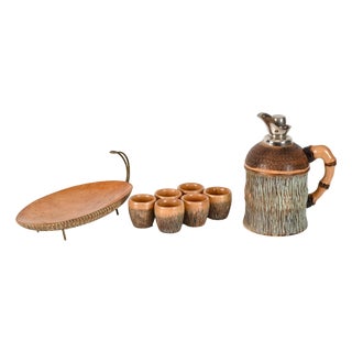 Bar Set in Carved Wood and Brass by Aldo Tura for Macabo, Italy, 1950s, Set of 8 For Sale